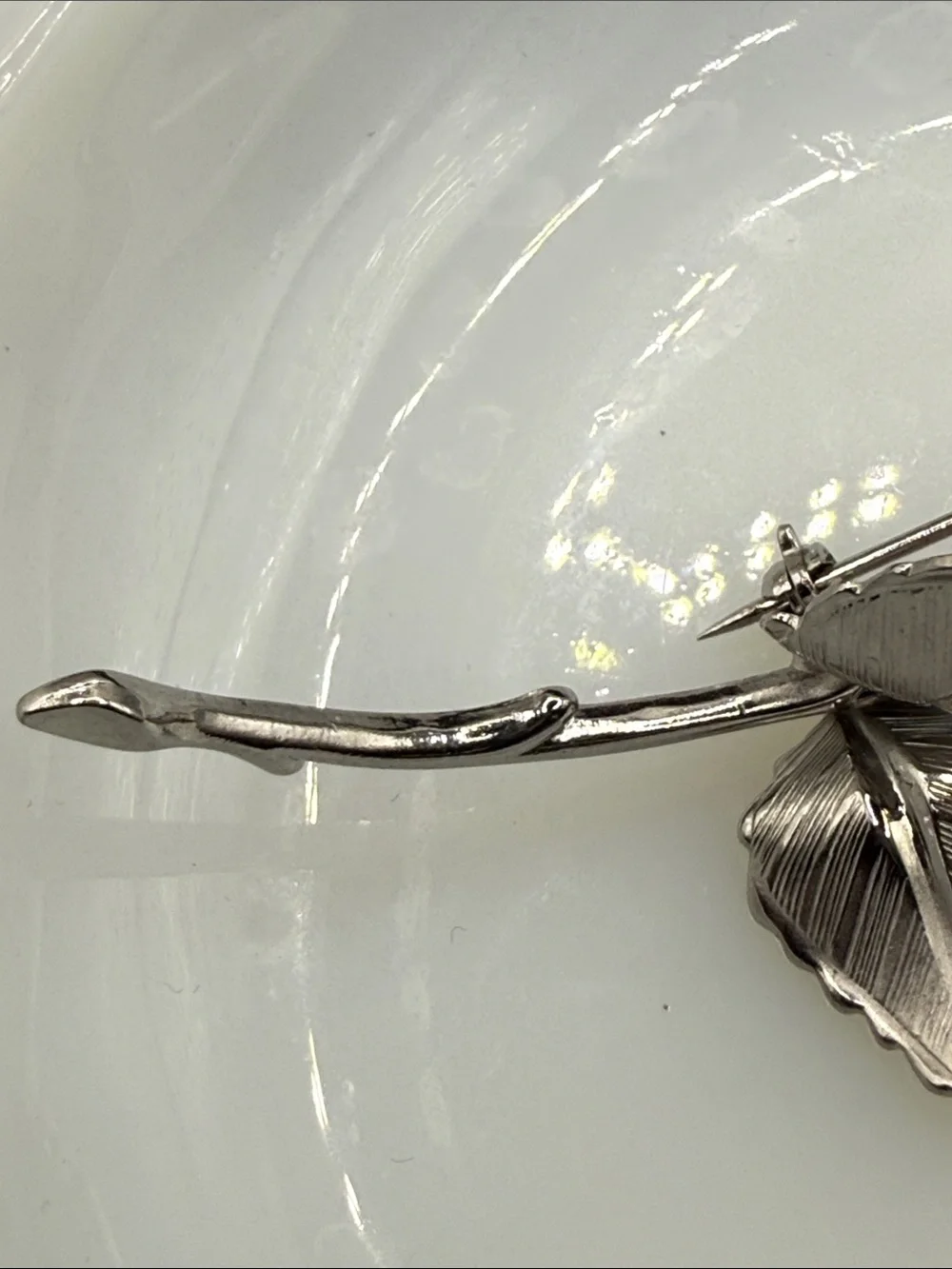 Vintage Giovanni stamped long stem rose Brooch - Silver tone Floral Pin